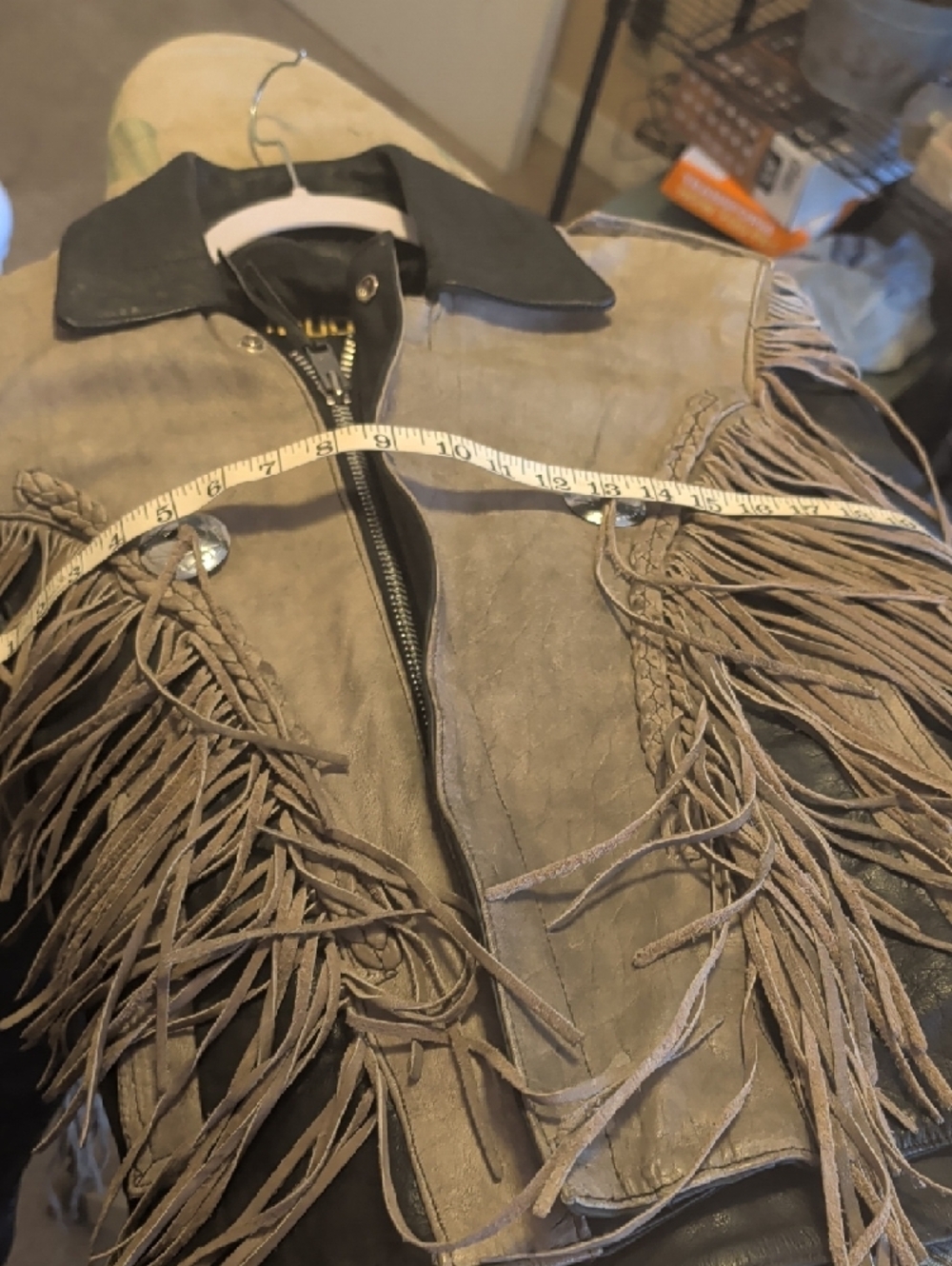 Two-Tone Fringed Leather Moto Jacket in Gray and Black - Picture 5 of 10